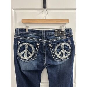 Miss Me Signature Rise Bootcut Jeans Peace Sign Sequin Embellished Blue Denim 32